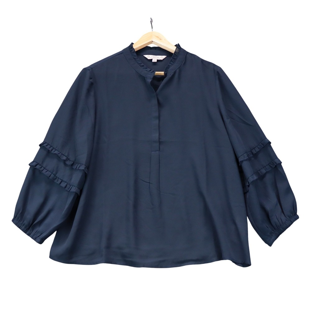 Eco Nanette Lepore Sustainable Blouse Women's Large Navy Blue Ruffle Long Sleeve